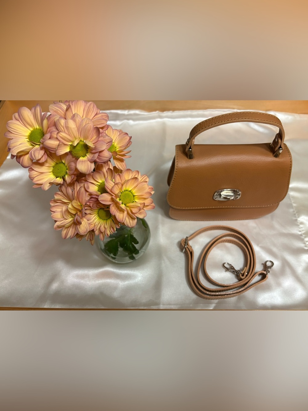 Classy Tan Leather Satchel with Top Handle & shoulder strap, Italy